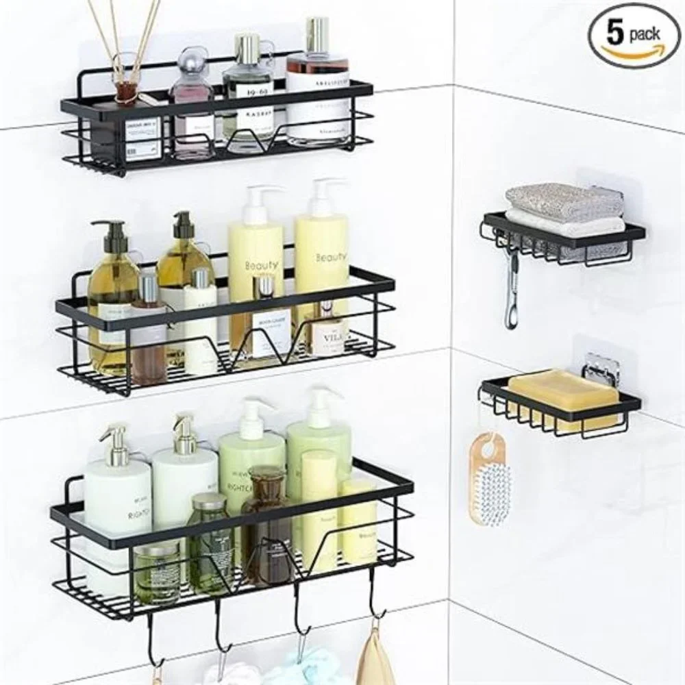 5 Pack Shower Caddy Shelves Organizer with 4 Hooks, Self Adhesive Rack Storage